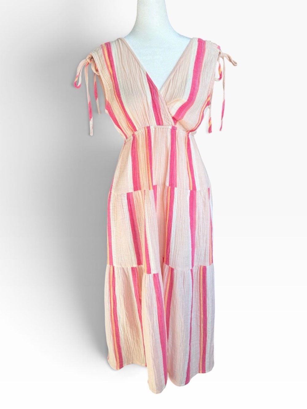 Marine Layer Cotton Gauze Beachy Pink & Cream Striped Tiered Maxi Dress Sz XS